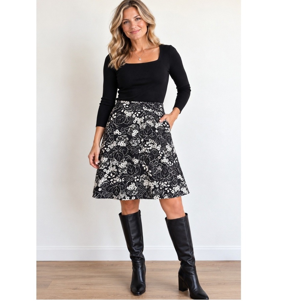 2/$30 Sag Harbor Womens Skirt 18 Black White Floral Side Zip A-Line